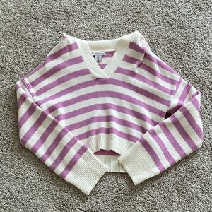 Striped V-Neck Sweater - Pink and Cream